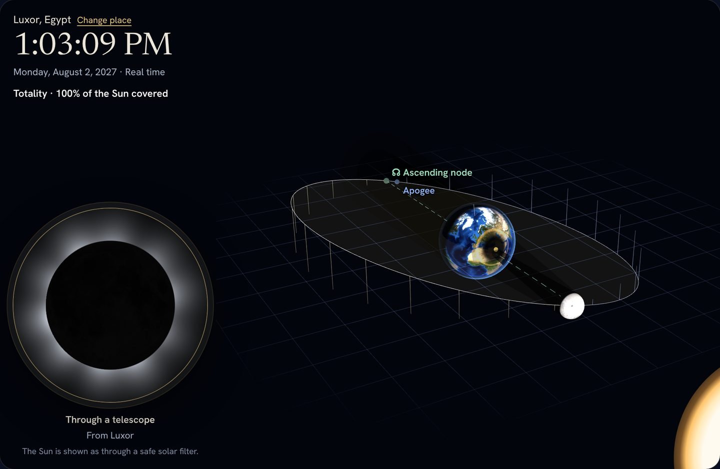 The total eclipse seen from Luxor at 1:03 PM local time in The Moon Tracker’s eclipse simulator: the Sun’s corona around the dark Moon, and the Moon’s shadow on the Earth.