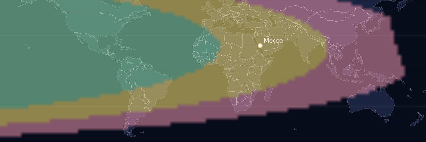 World map of crescent visibility on the evening of 7 February 2027: easy in the Americas, possible by eye in the Middle East, North Africa and Europe, optical aid in South-East Asia, not possible in Australia.